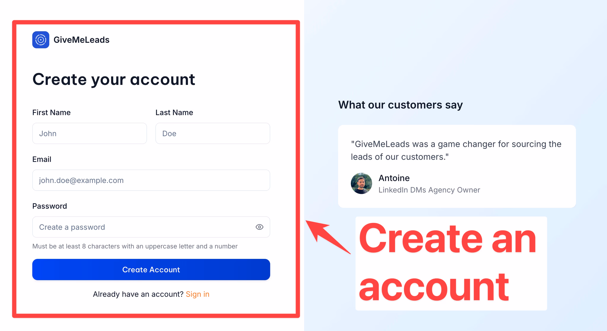 Create a GiveMeLeads account