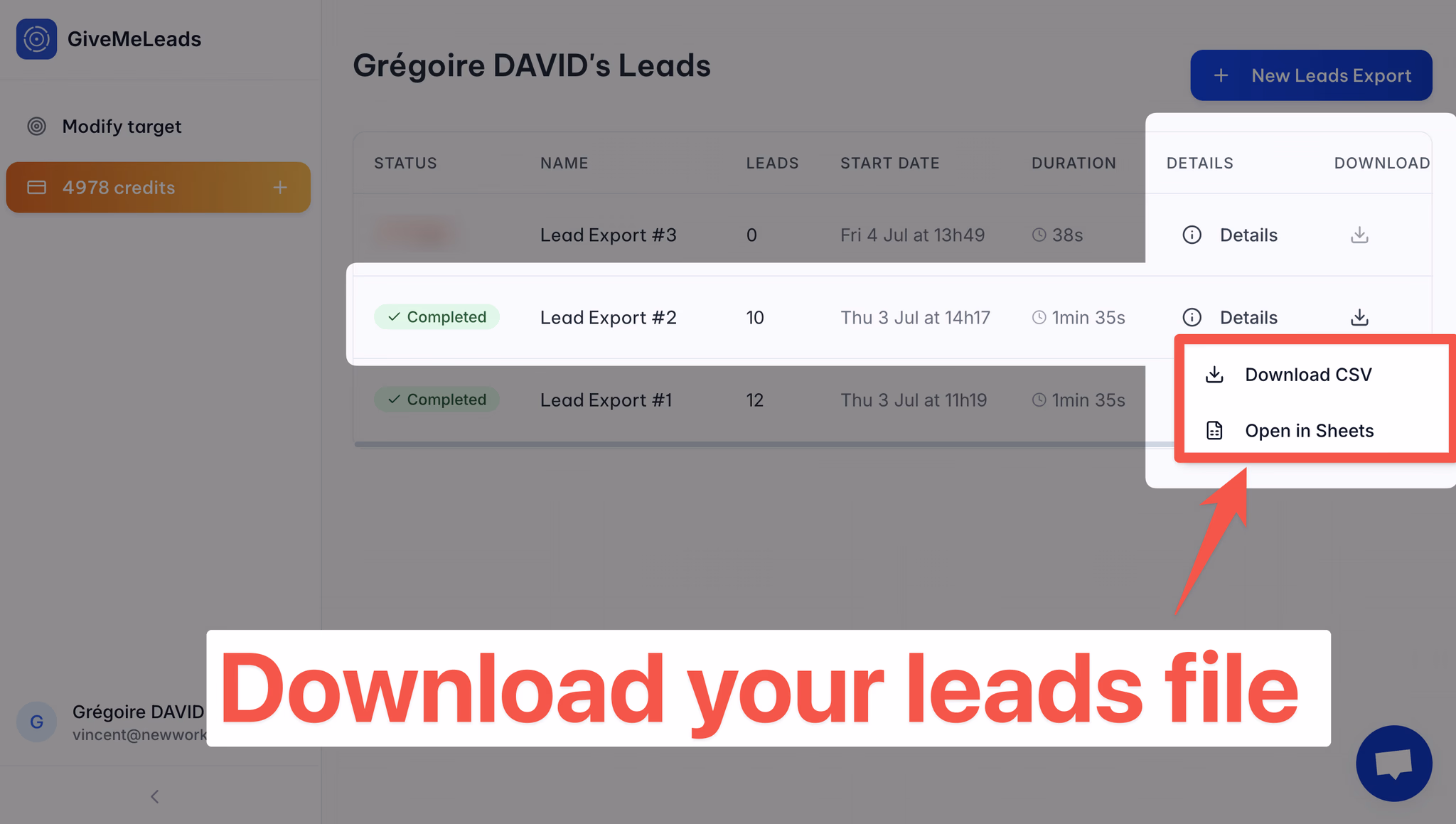How to download your lead list on GiveMeLeads from LinkedIn Sales Navigator