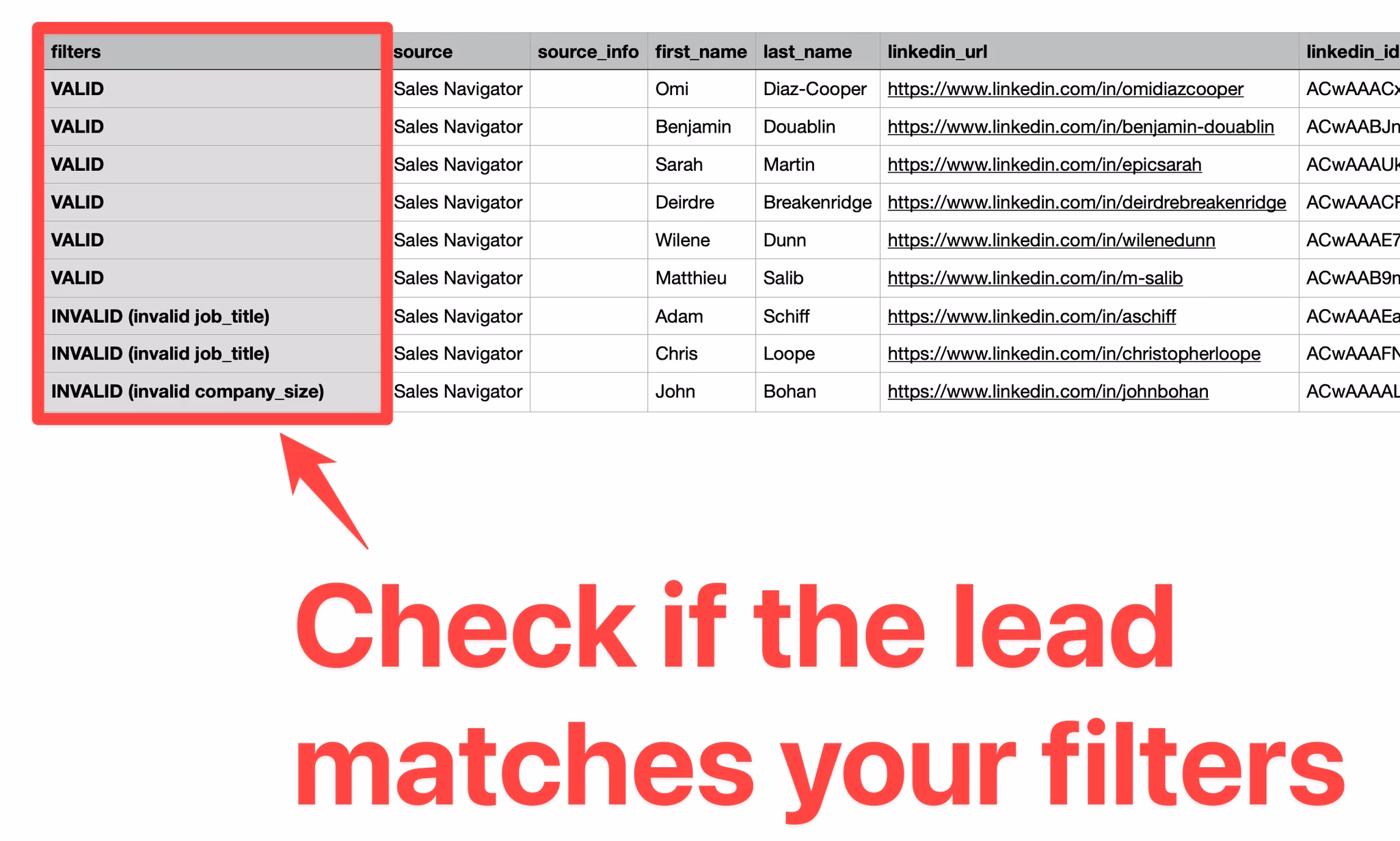 Filter validation column on GiveMeLeads