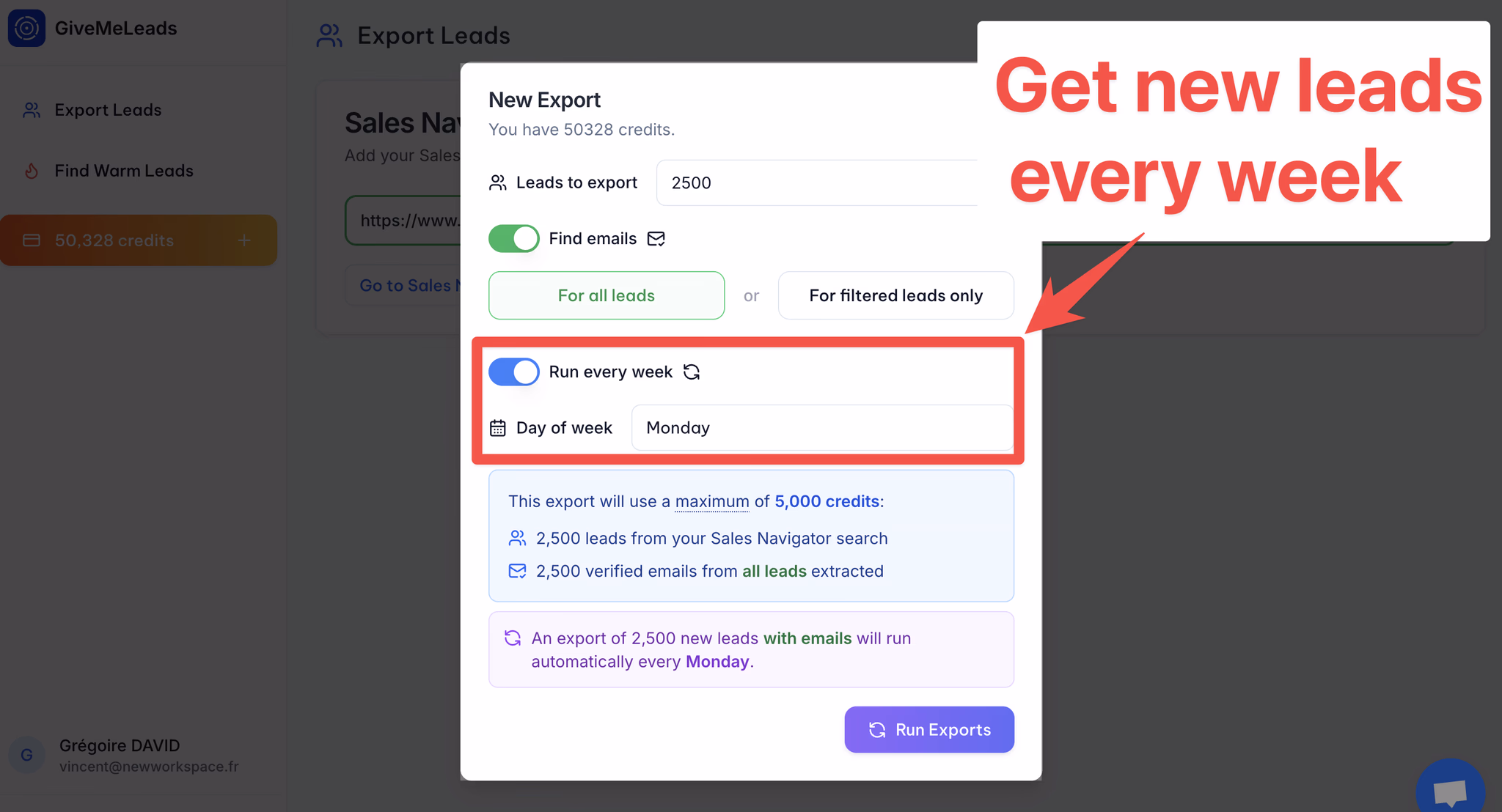 Schedule LinkedIn Sales Navigator export with GiveMeLeads