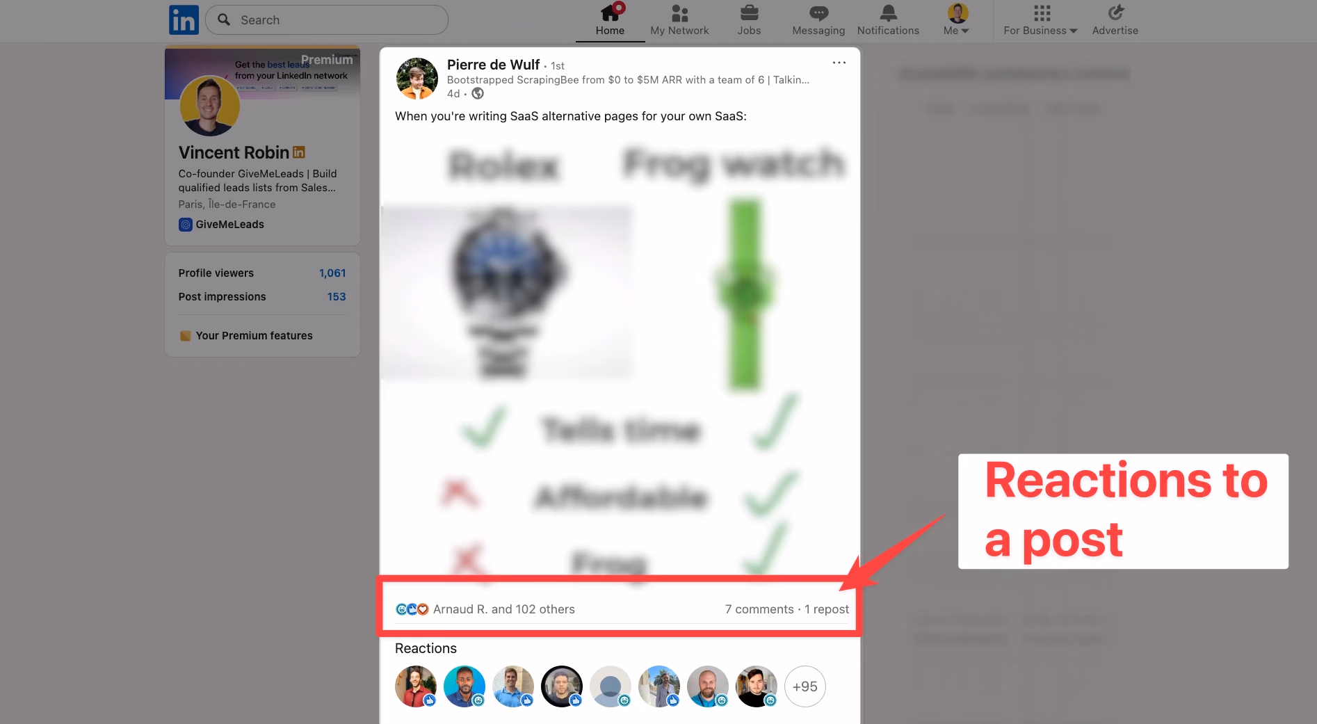 Reactions to a post on LinkedIn