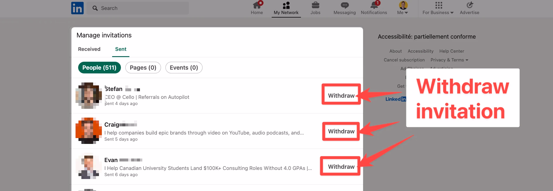 Withdraw connections requests on LinkedIn