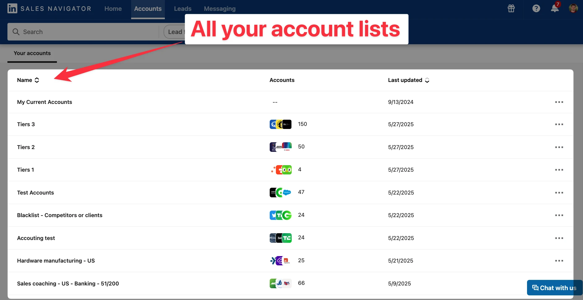 List of all your accounts in LinkedIn Sales Navigator