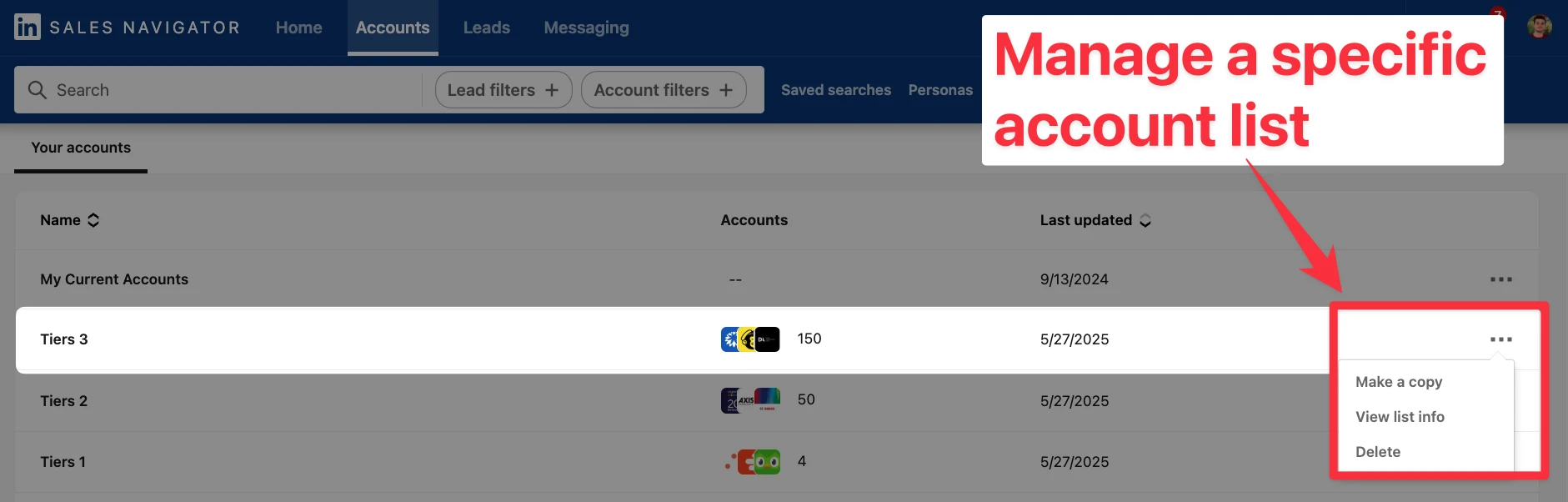 Manage a specific account list in LinkedIn Sales Navigator