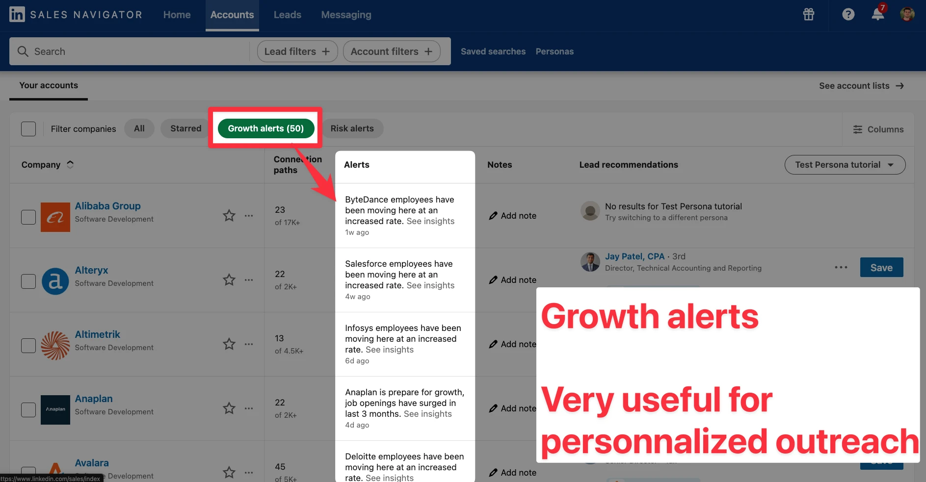 Account growth alerts on LinkedIn Sales Navigator