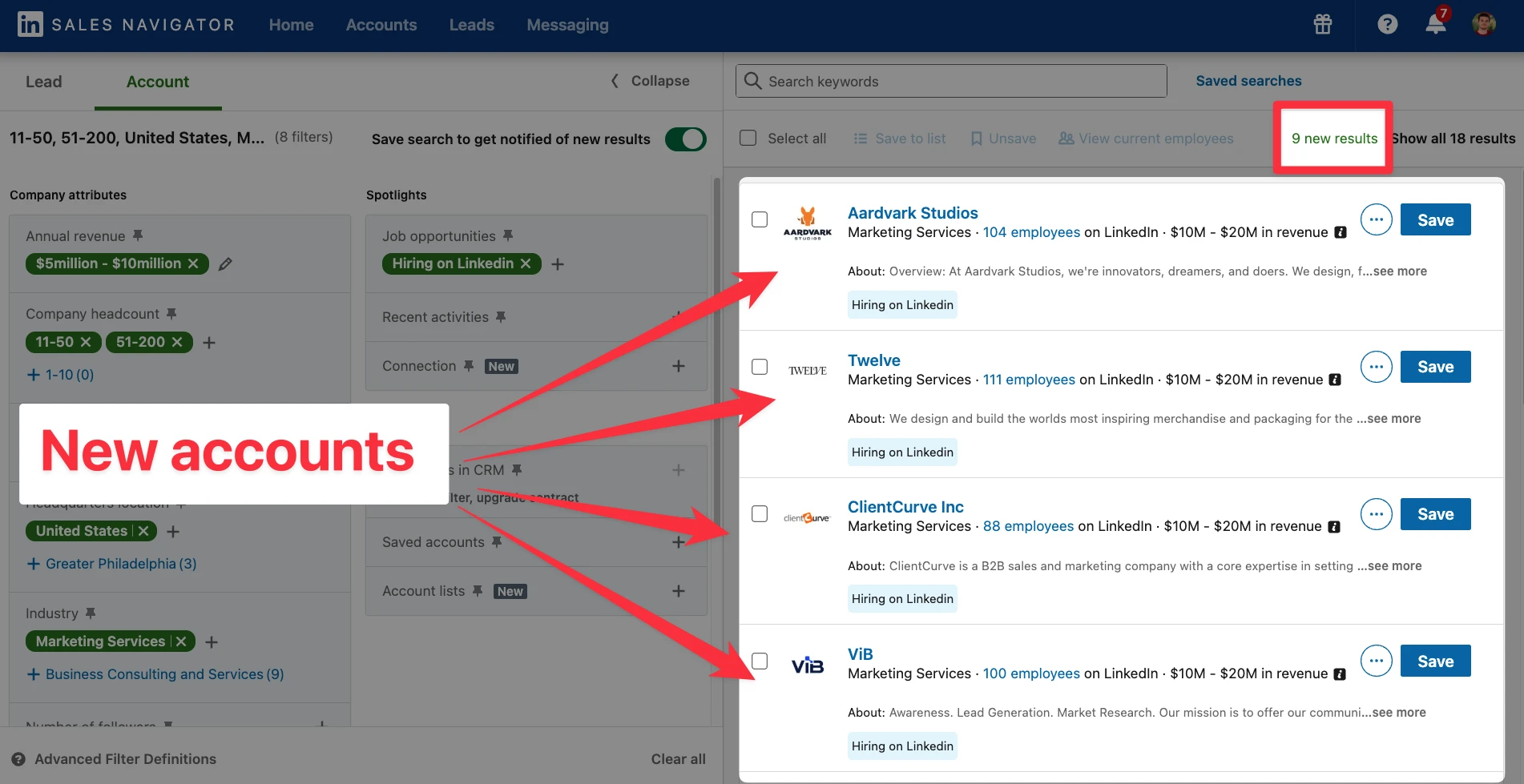 New accounts on LinkedIn Sales Navigator