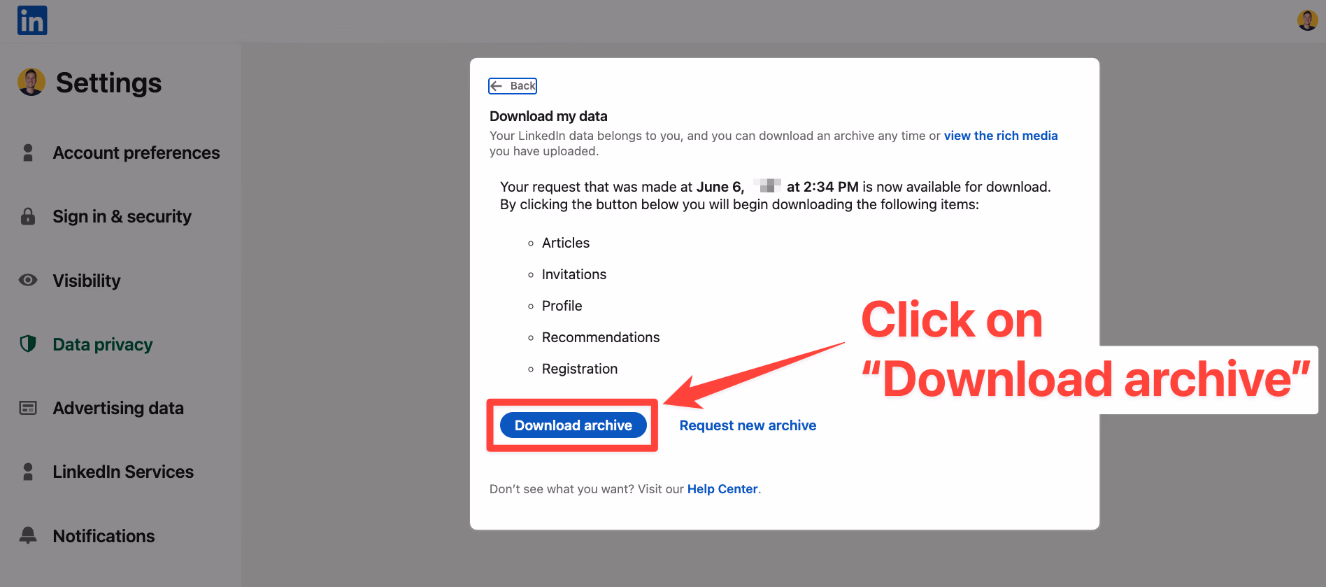 Download archive button on LinkedIn