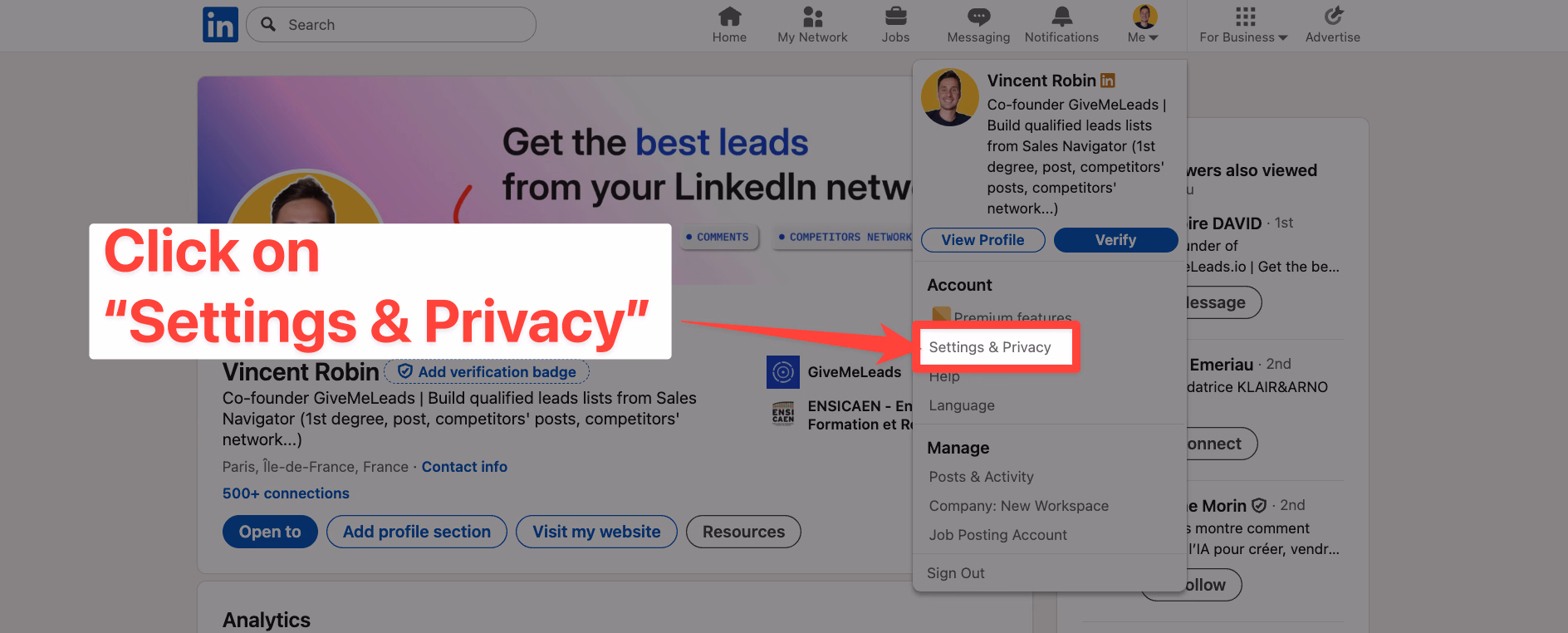 Click on Settings and Privacy on LinkedIn