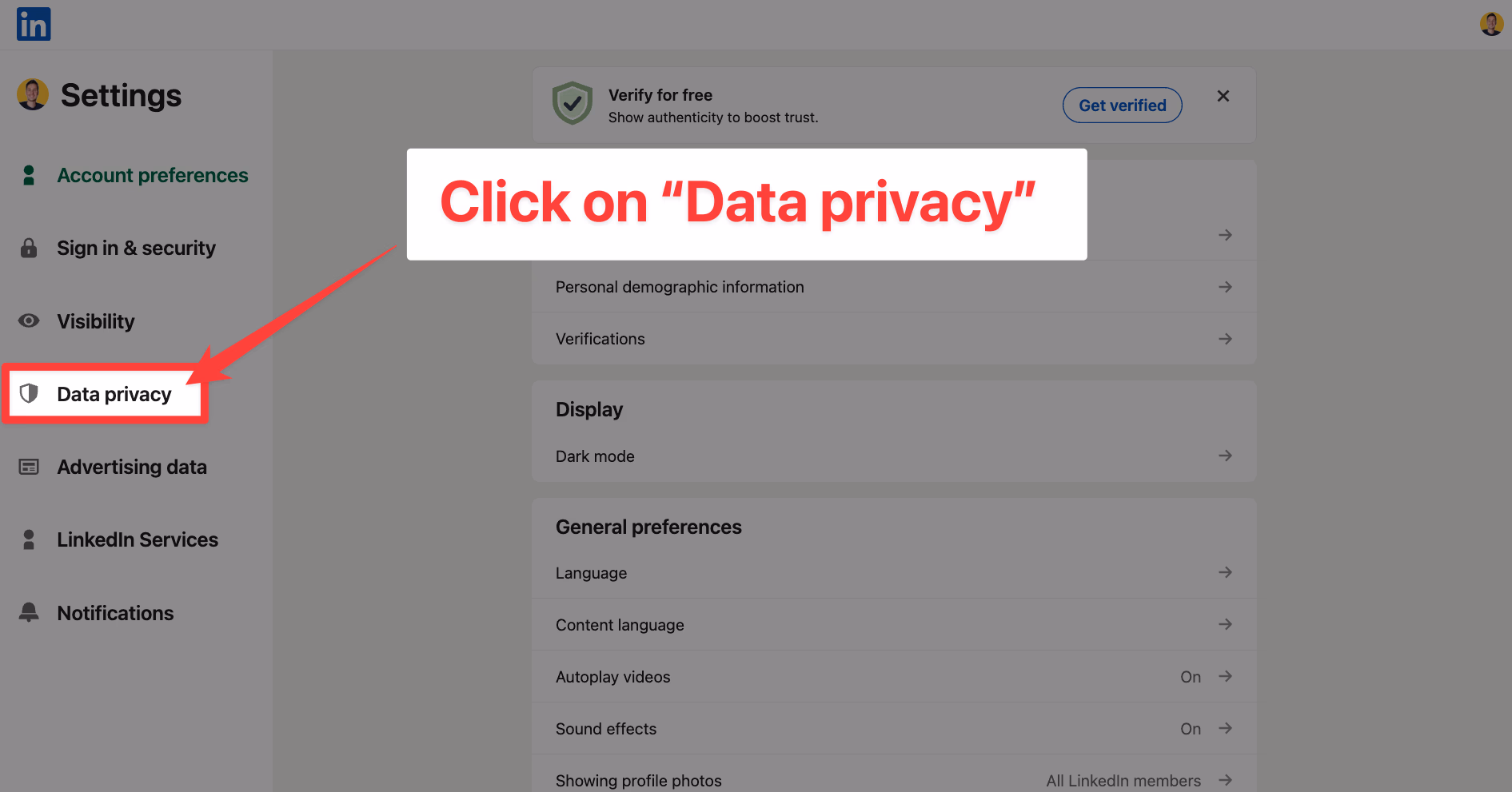 Click on Data privacy on LinkedIn