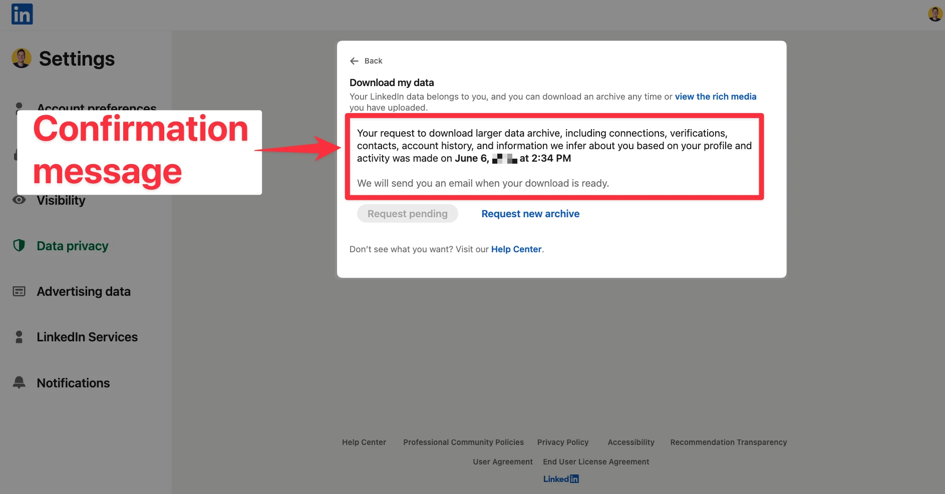 Confirmation message after archive requested on LinkedIn