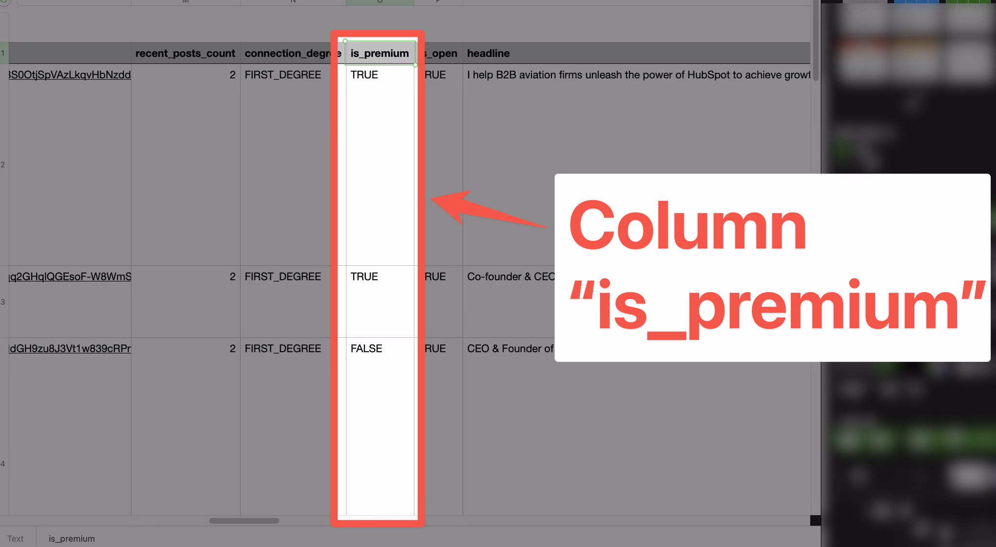 Column is_premium from LinkedIn Sales Navigator export with GiveMeLeads