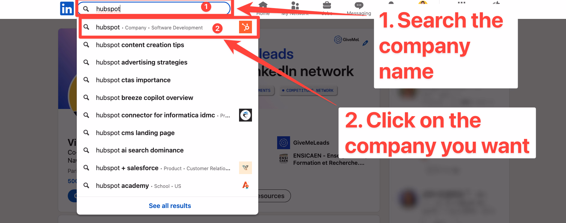 Search for a company in LinkedIn search