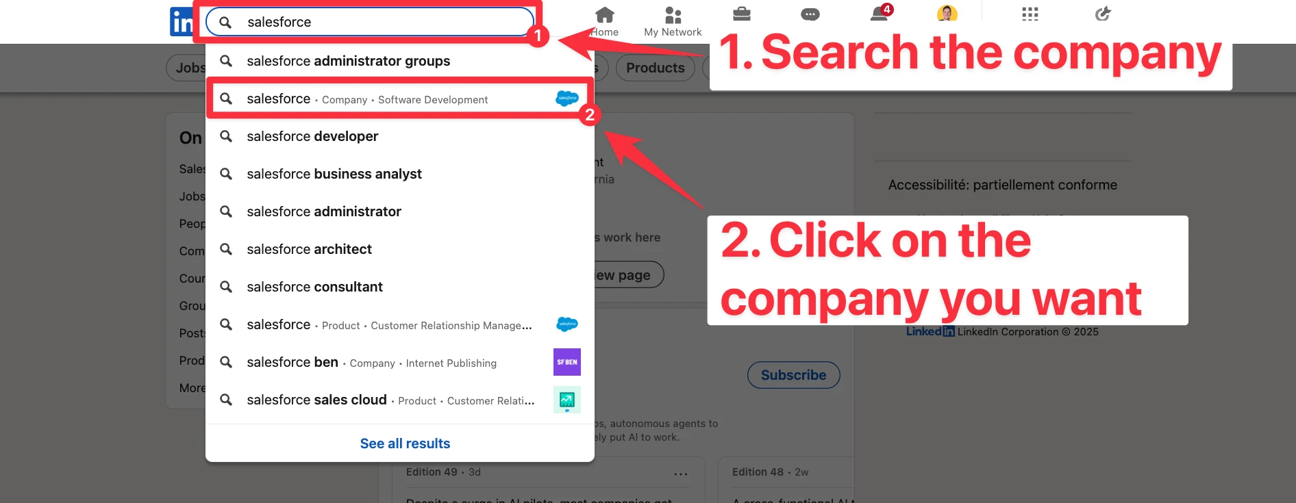 Search for a company in LinkedIn search