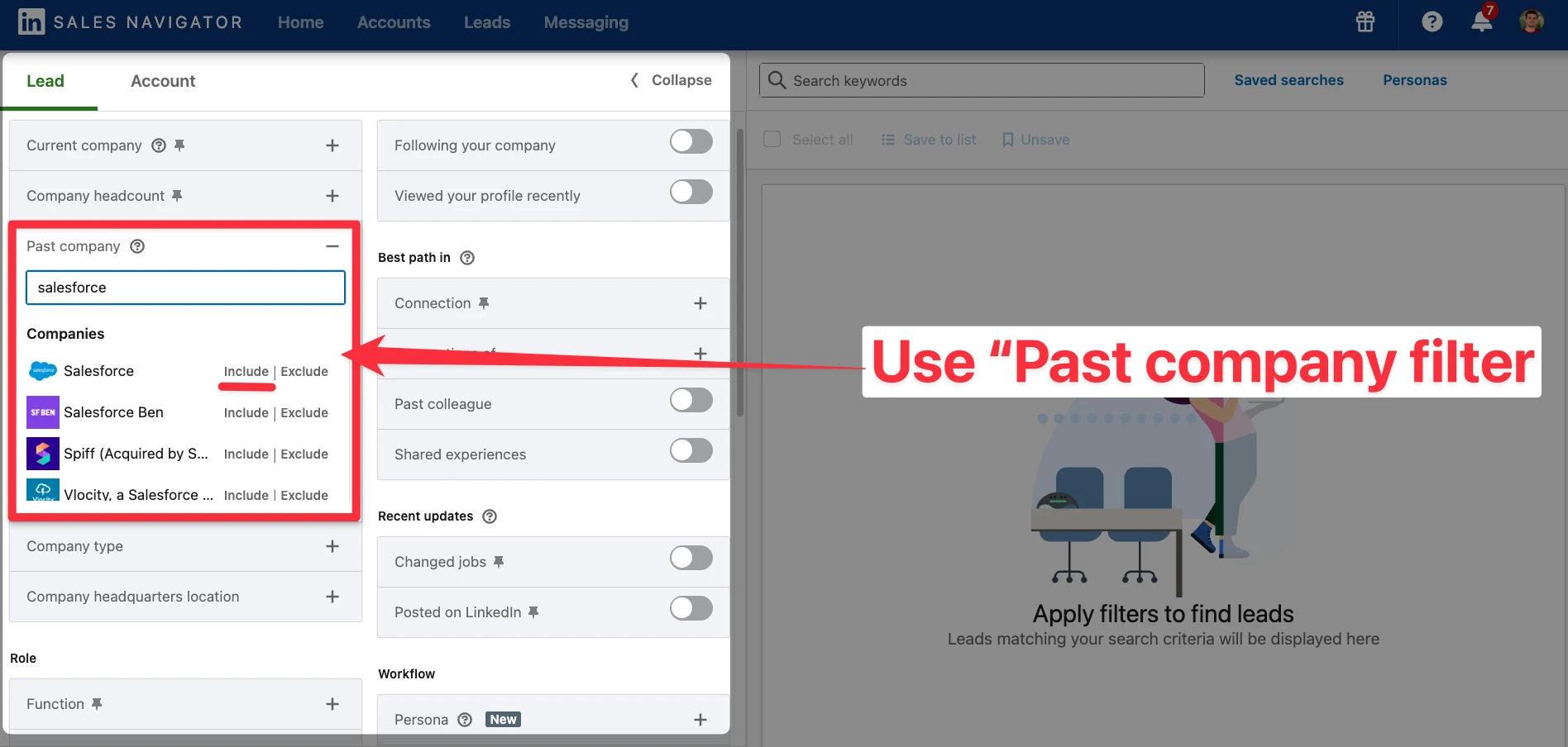 Past company filter on LinkedIn Sales Navigator