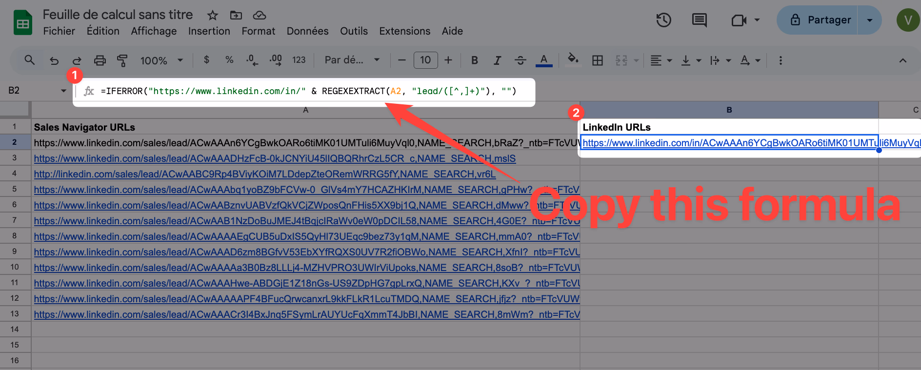 Copy the formula to convert LinkedIn Sales Navigator URLs to LinkedIn URLs