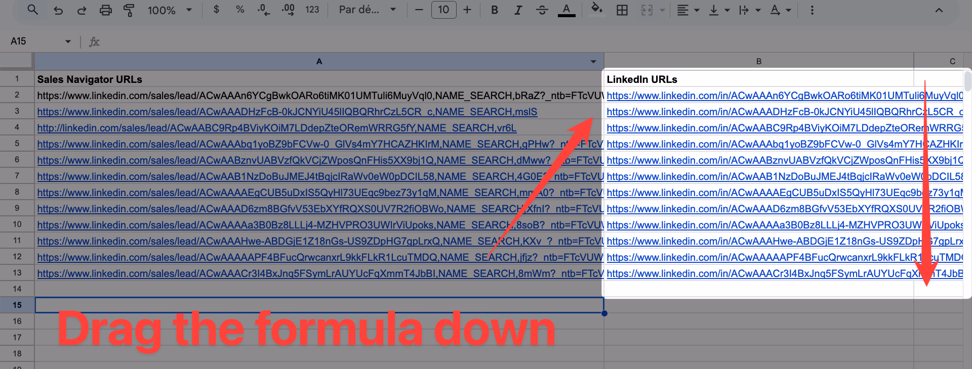 Drag the formula to convert LinkedIn Sales Navigator URLs to LinkedIn URLs