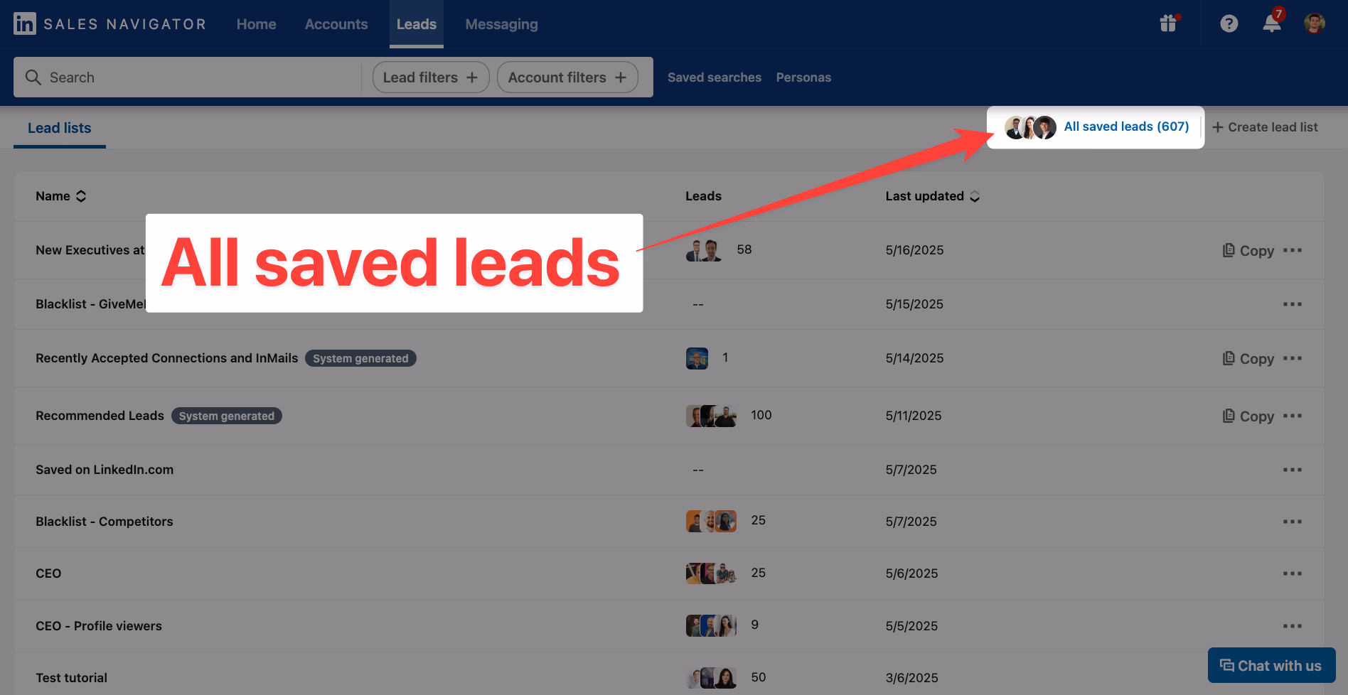All saved leads on LinkedIn Sales Navigator