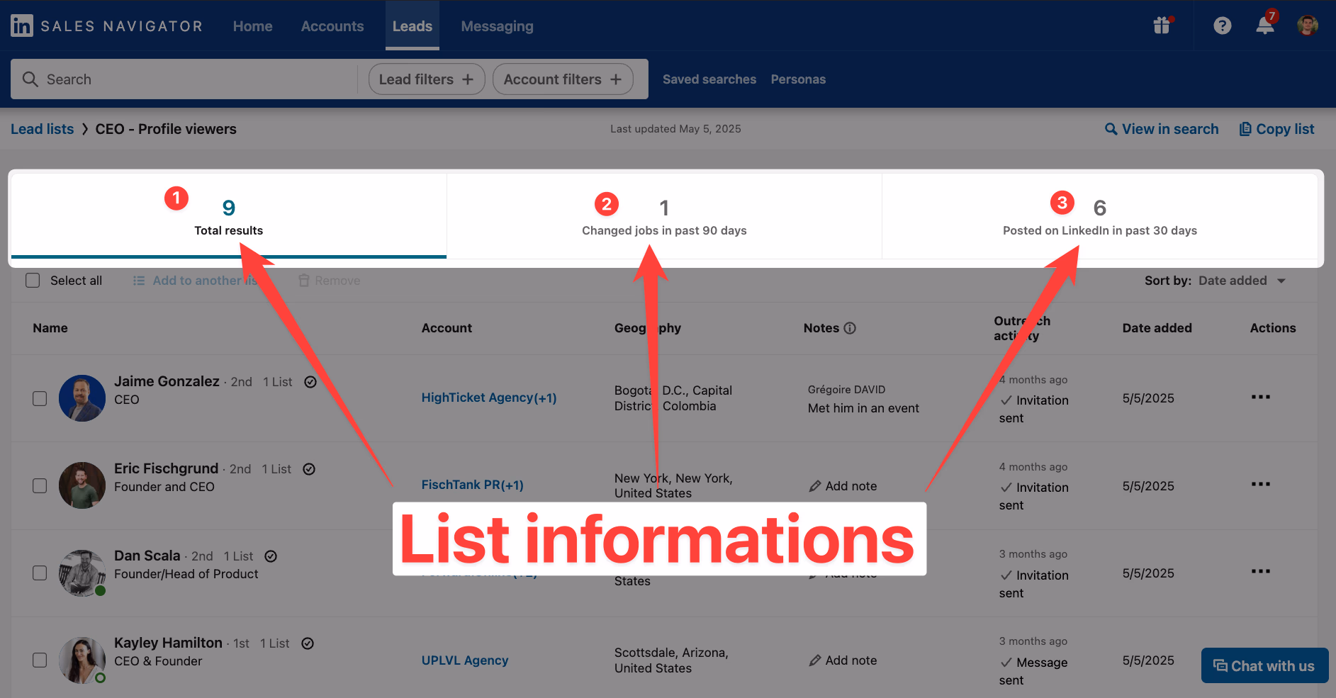 Specific list information on LinkedIn Sales Navigator