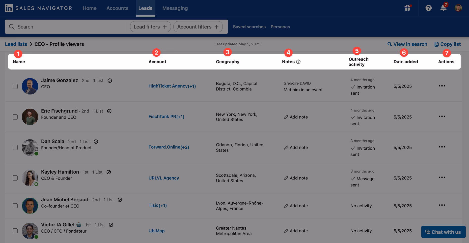 Leads list information on LinkedIn Sales Navigator