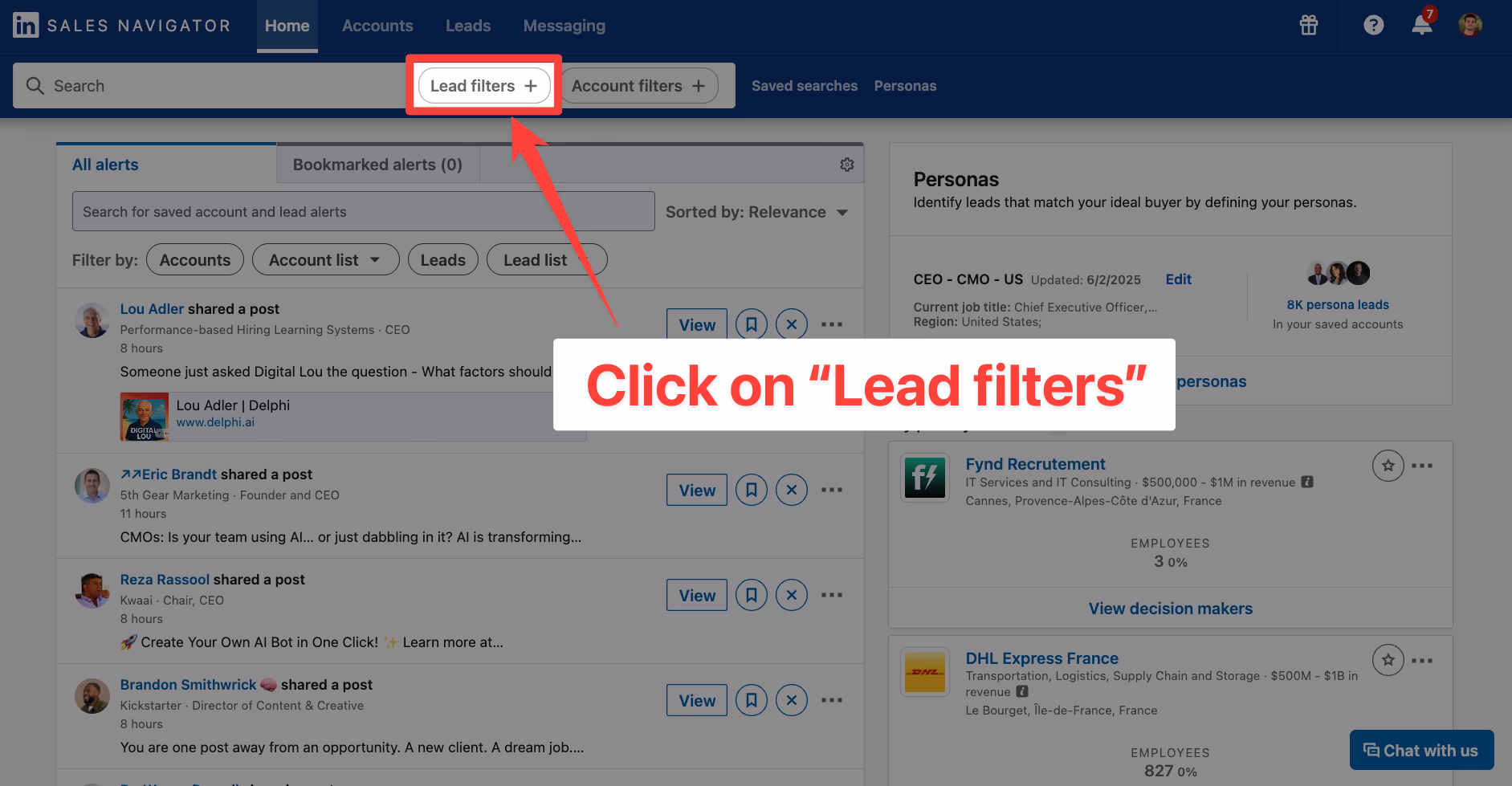 Lead filters from homepage LinkedIn Sales Navigator
