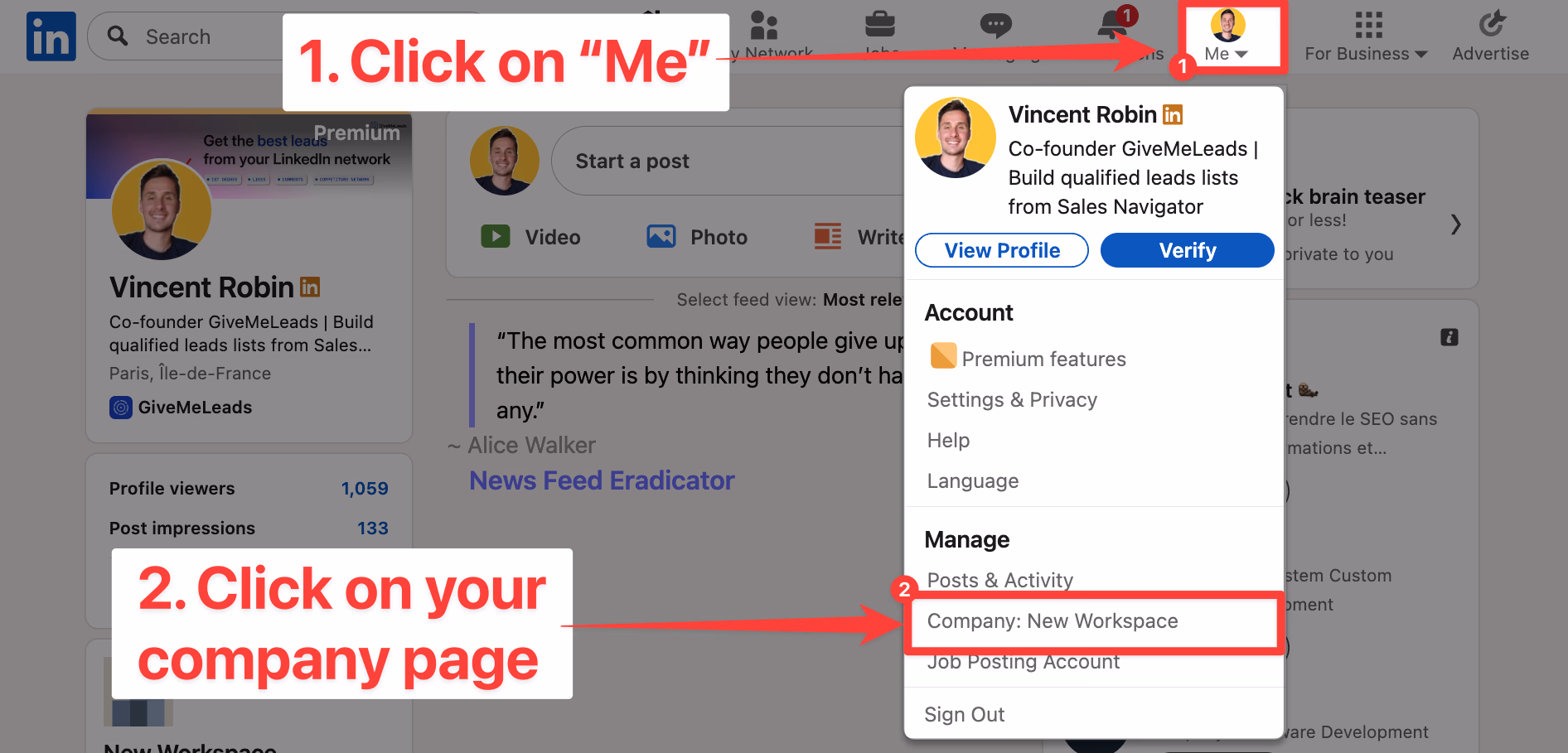 Access your company page on LinkedIn