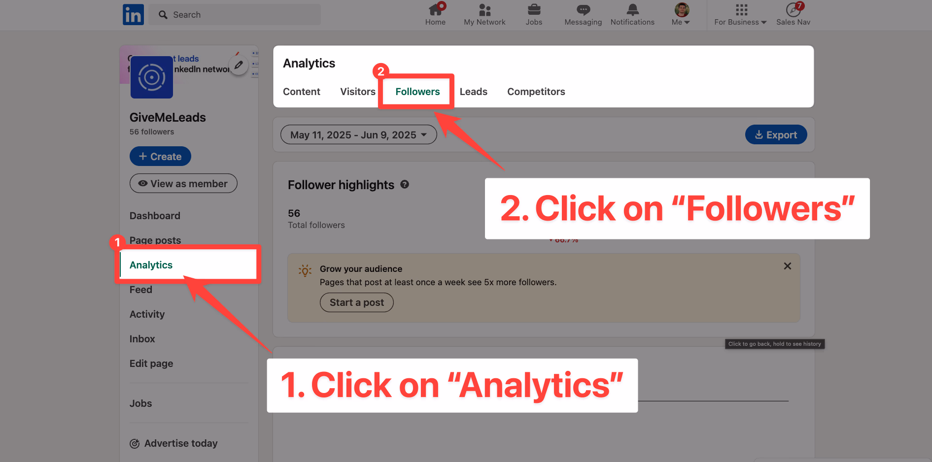 Click on analytics on your company page on LinkedIn