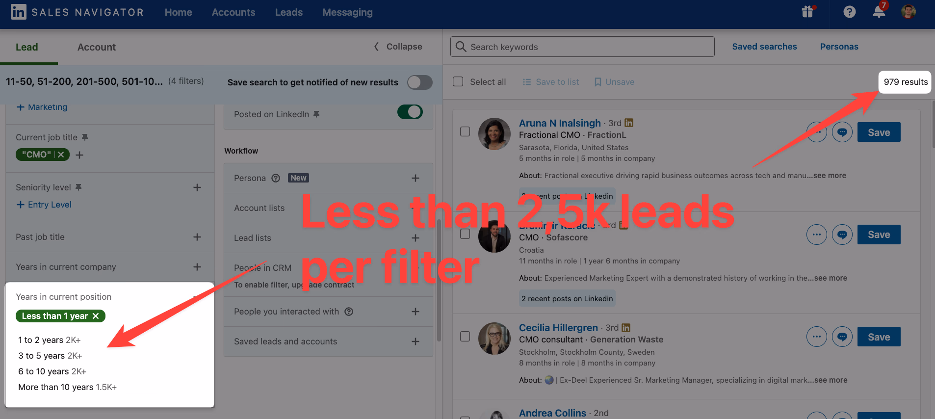 Years in current position filter on LinkedIn Sales Navigator