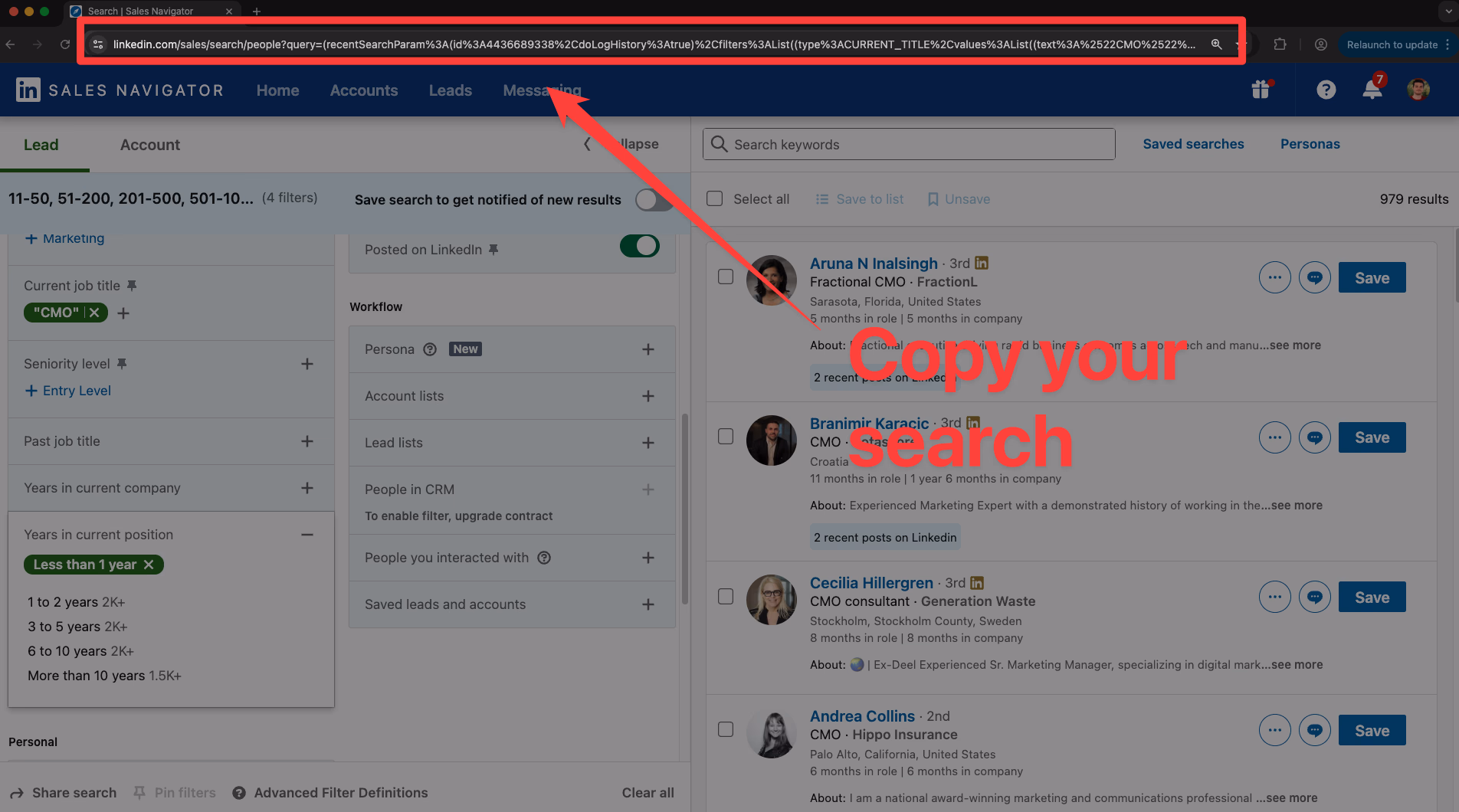 Select the Sales Navigator URL of each search