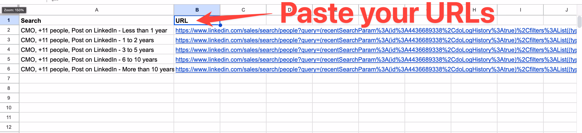 Spreadsheet with search names and URLs