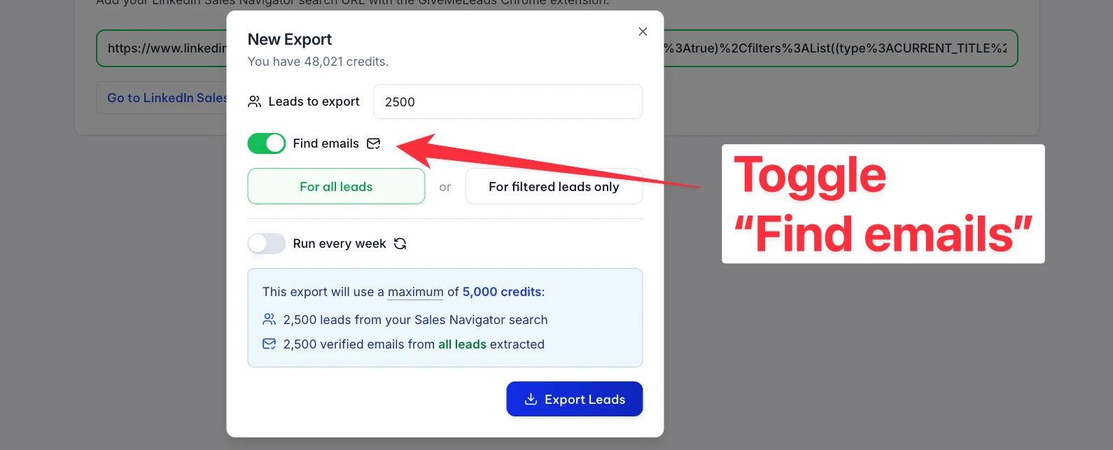 Toggle find emails button on GiveMeLeads