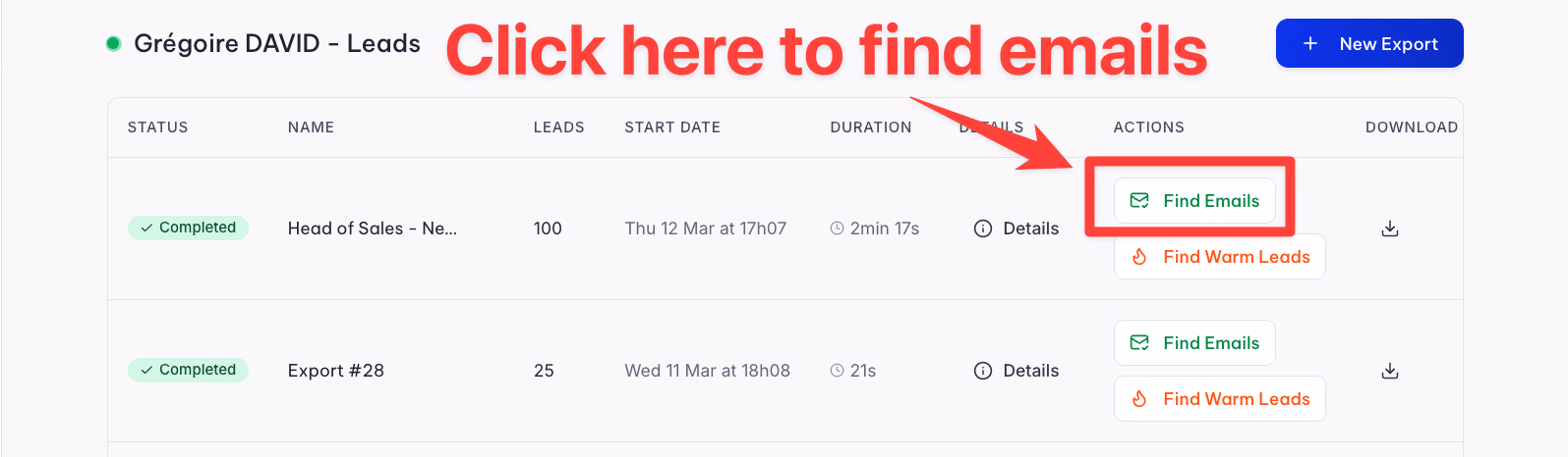 Find emails button on GiveMeLeads