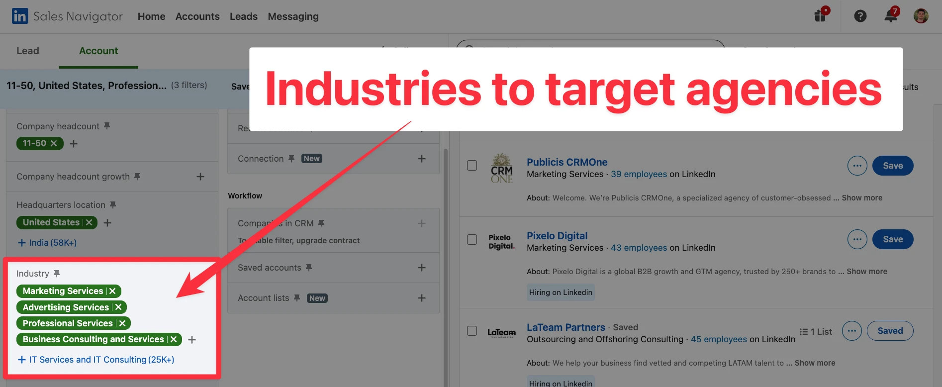Industries to target agencies on LinkedIn Sales Navigator