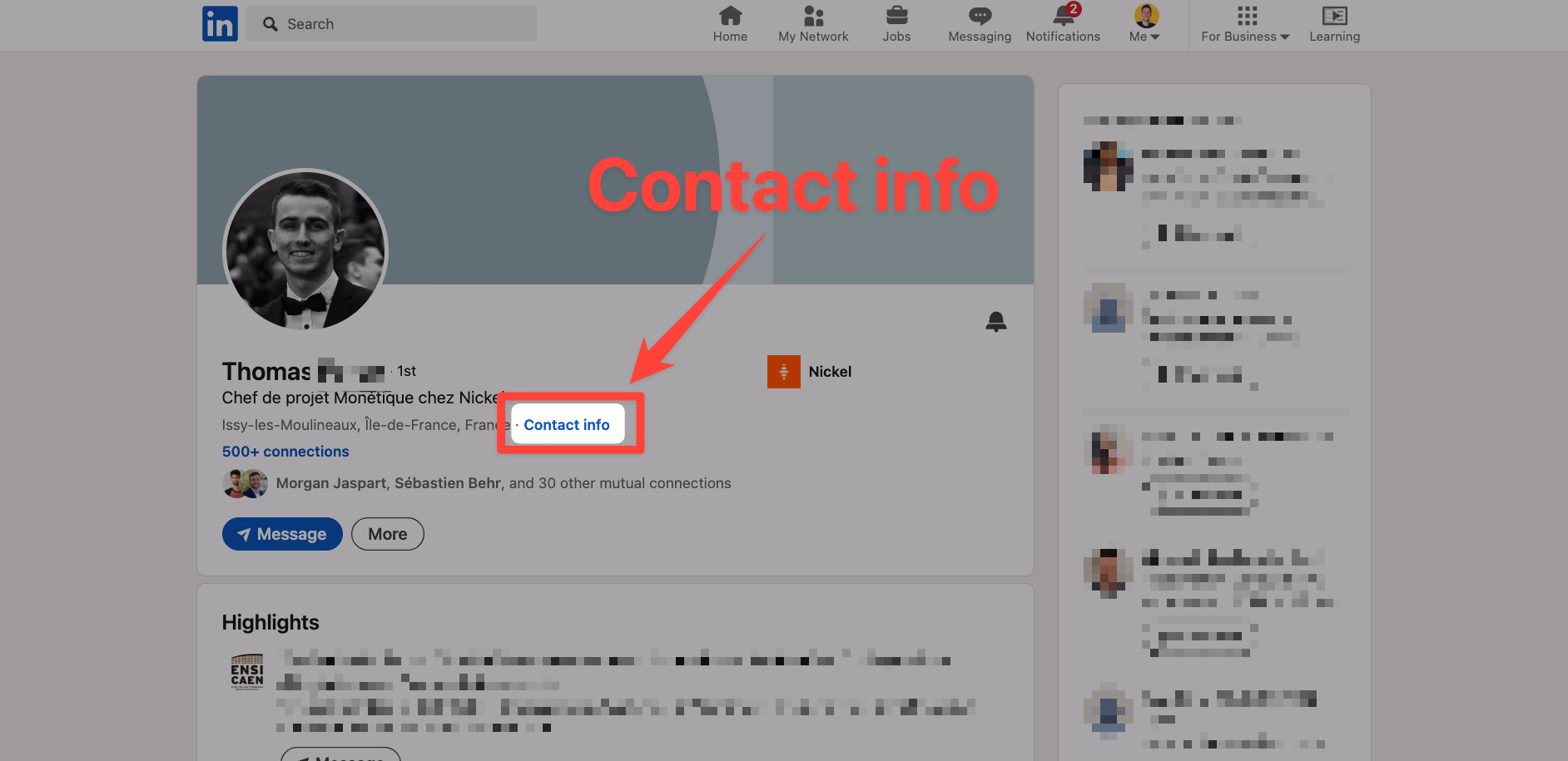 Contact info on LinkedIn