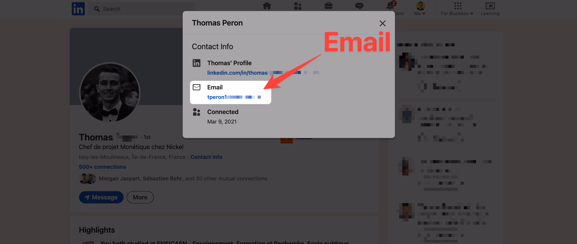 Find email in contact info on LinkedIn