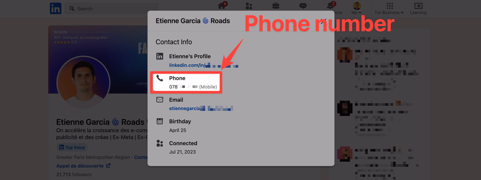 Phone number on contact info on LinkedIn