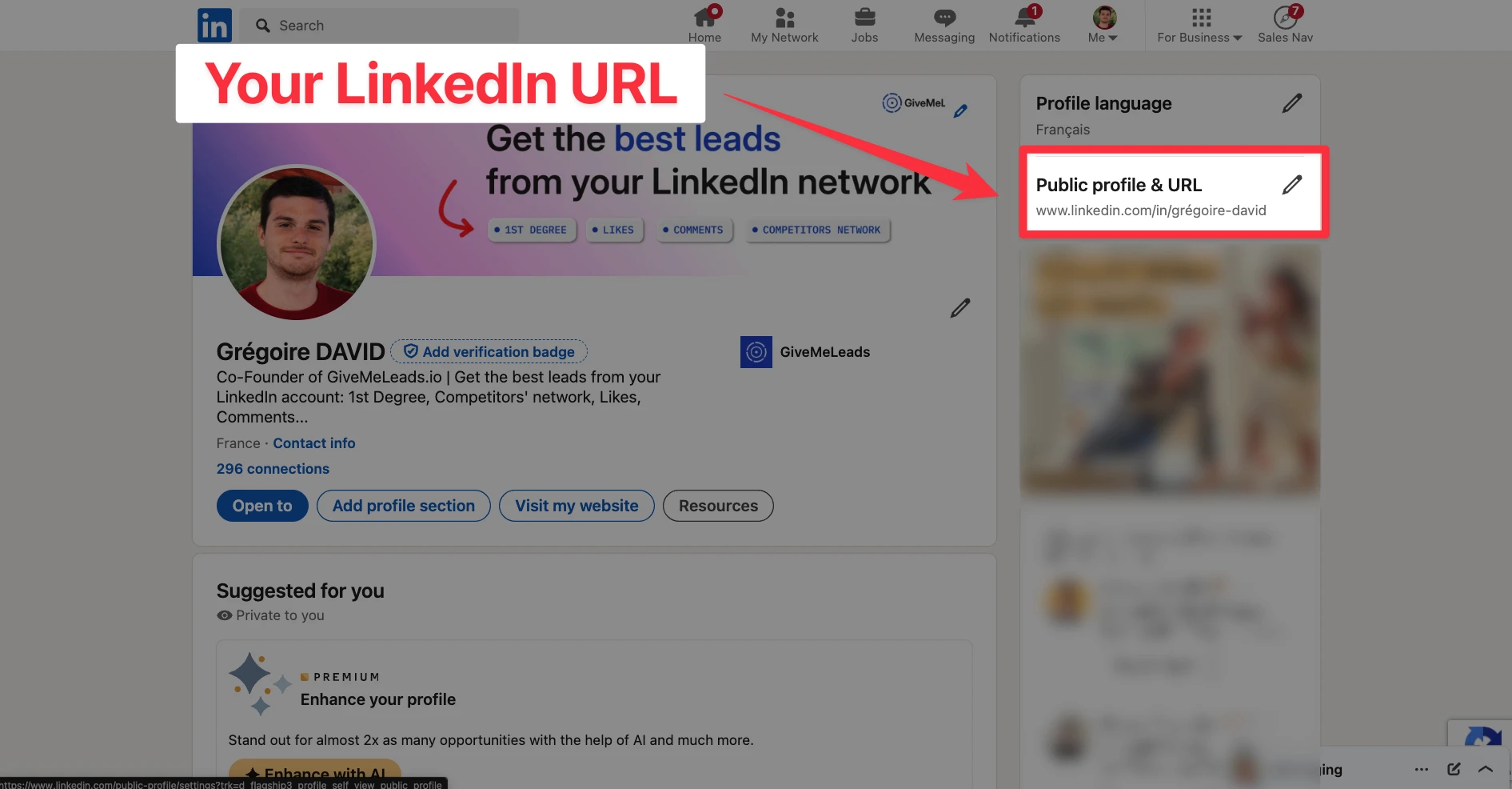 Get your LinkedIn profile URL from your profile settings
