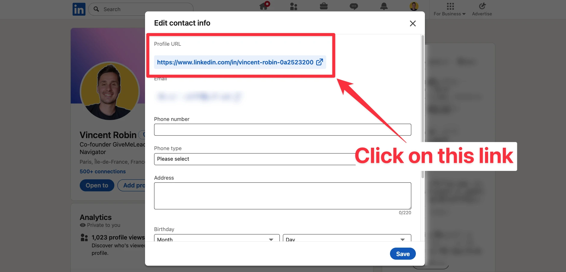 Click on the Profile URL on LinkedIn