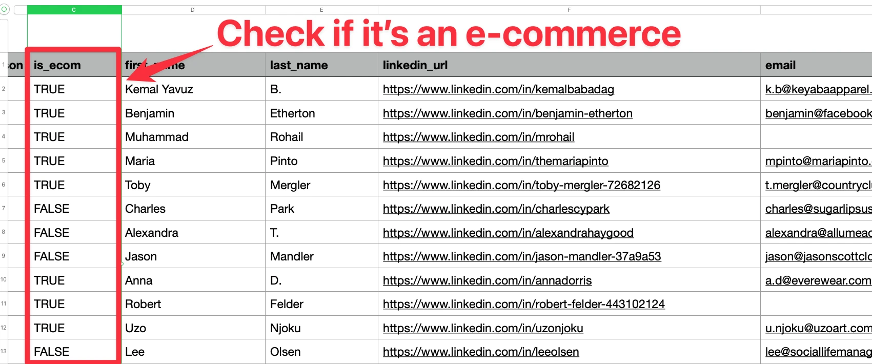 AI verification table for e-commerce leads