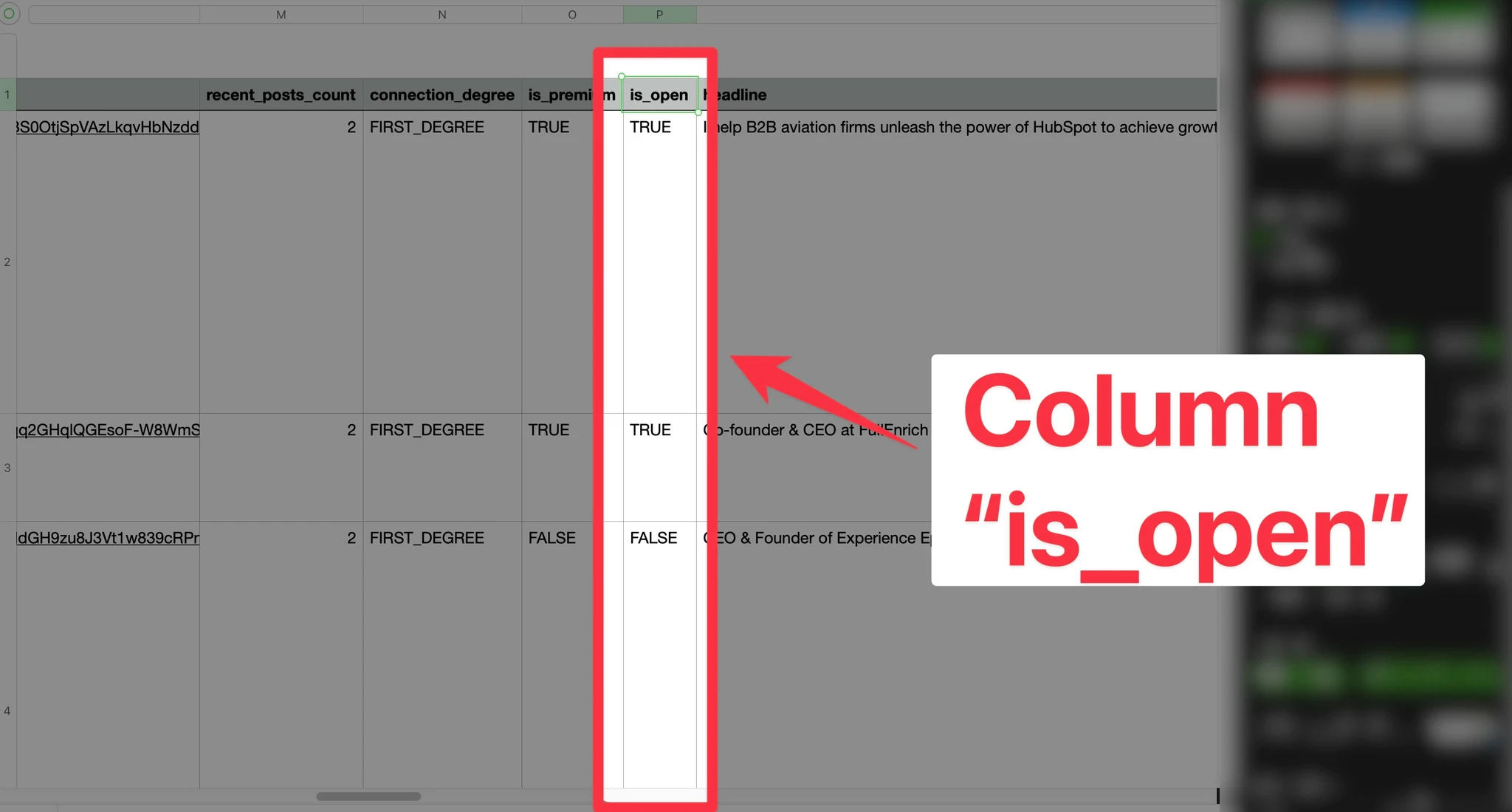 Column is_open from LinkedIn Sales Navigator export with GiveMeLeads