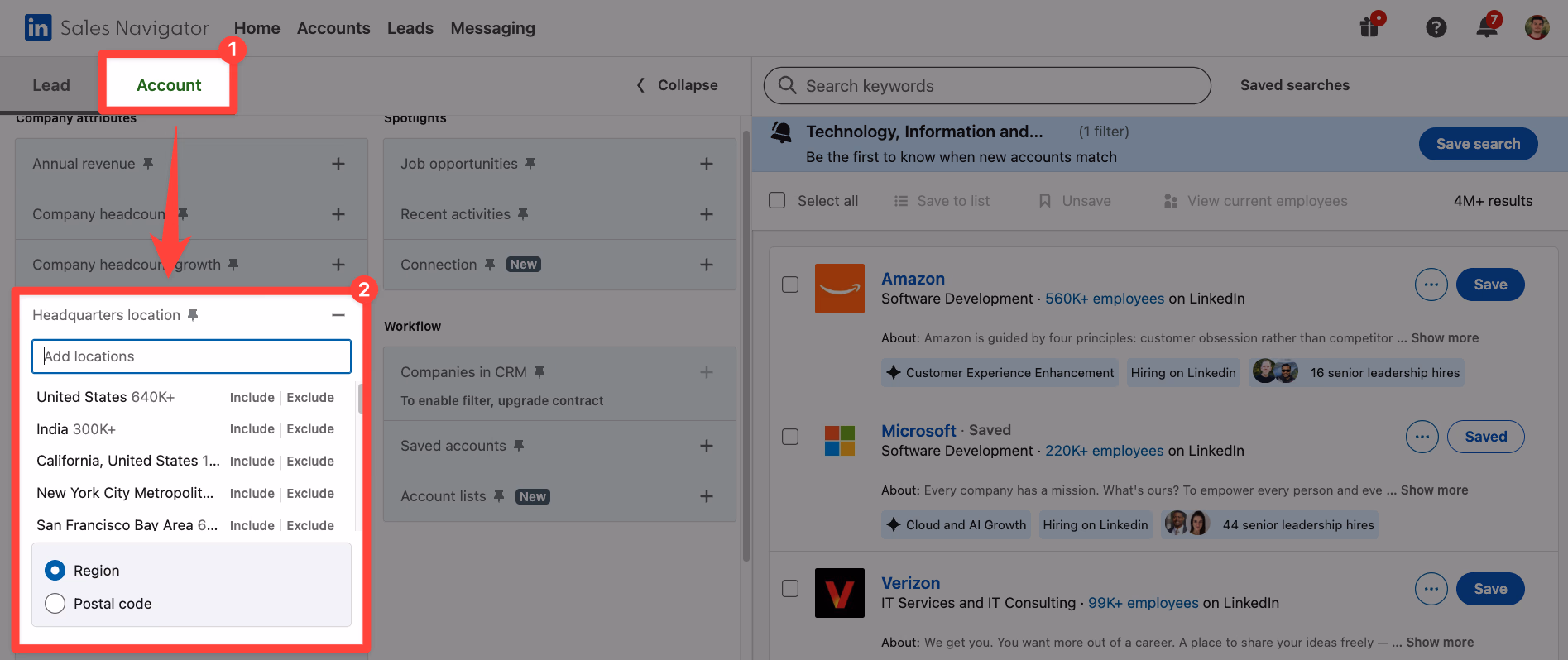 Headquarter location filter on LinkedIn Sales Navigator