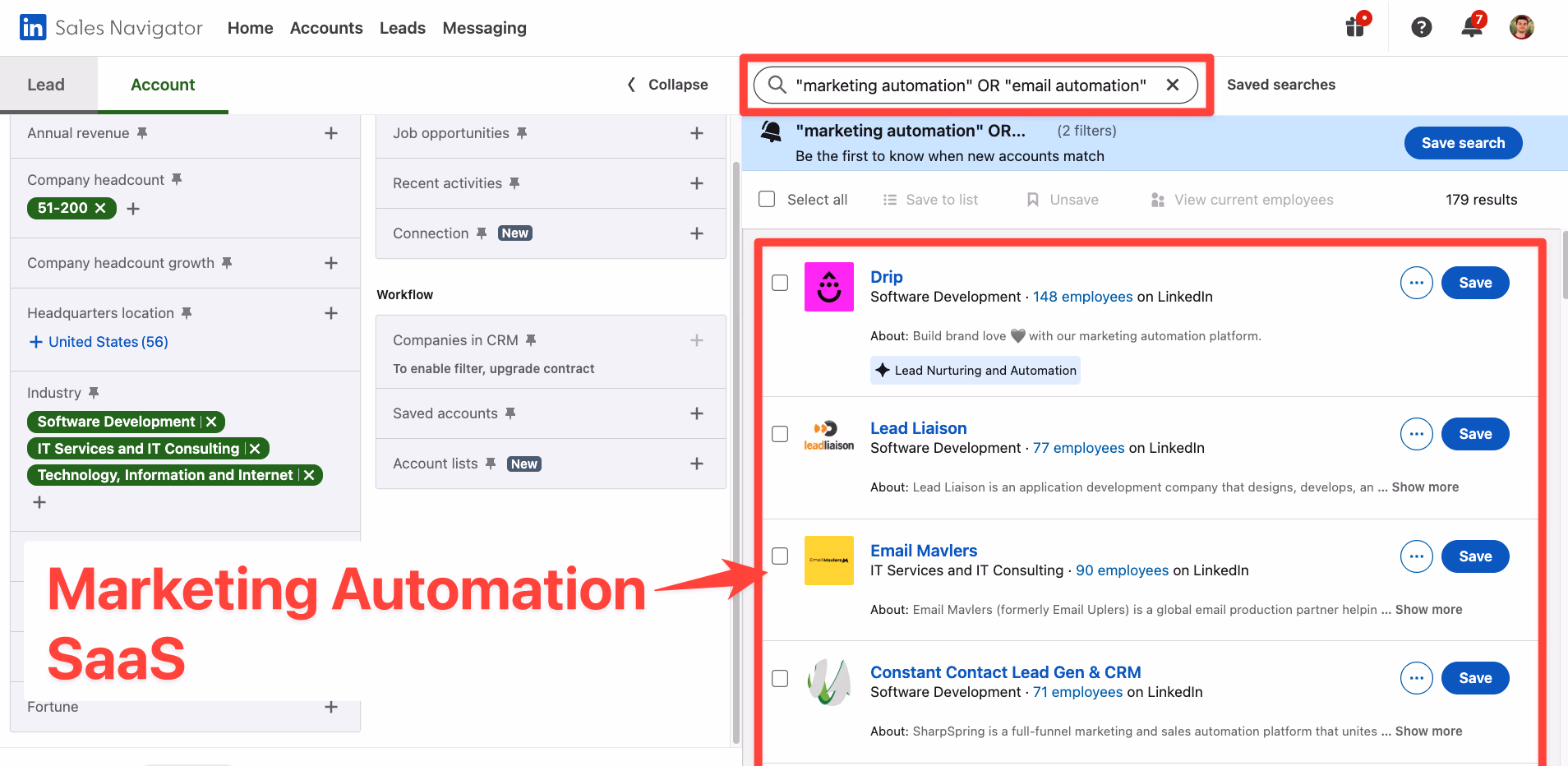 How to target marketing automation SaaS on LinkedIn Sales Navigator