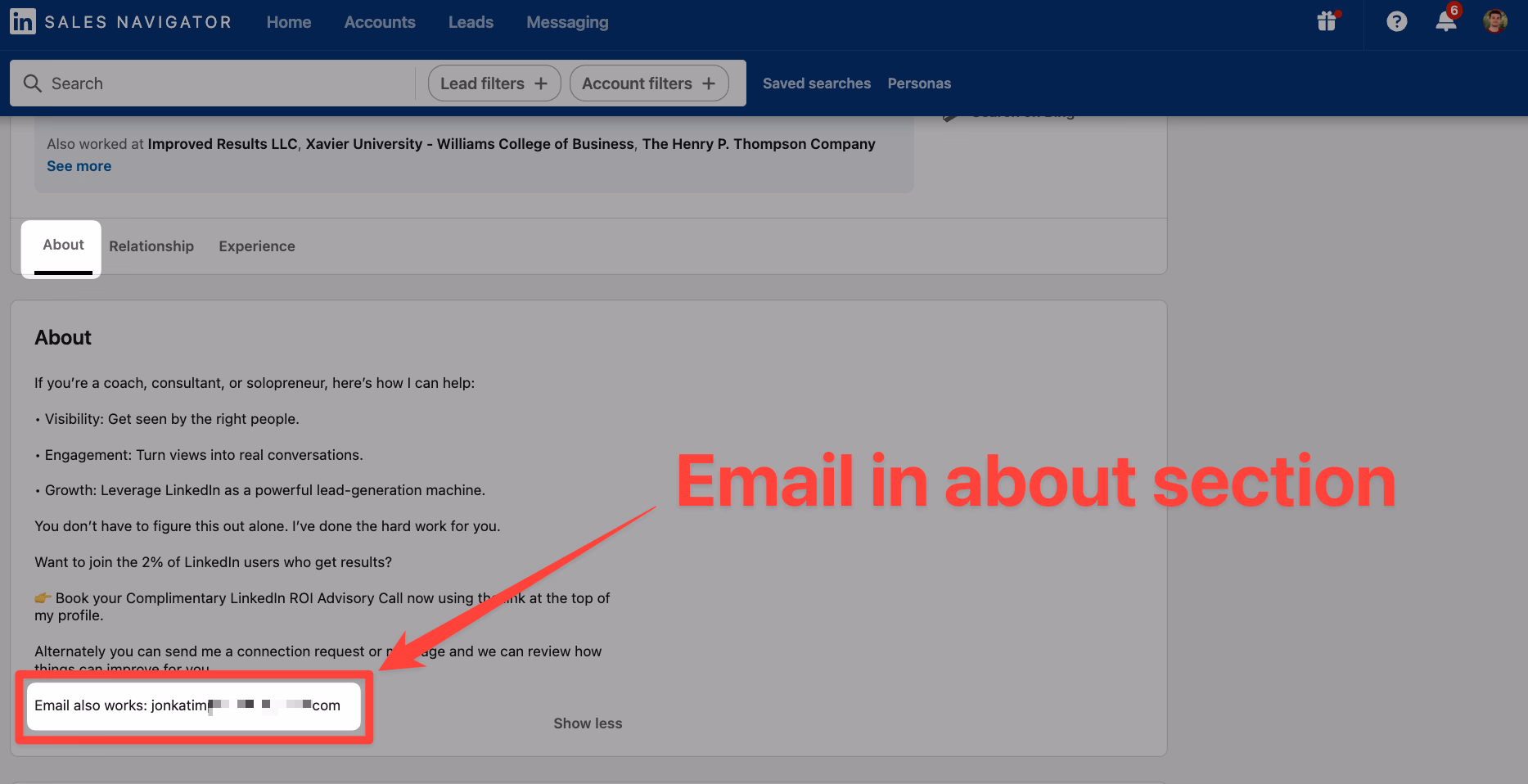 Find email in about section on LinkedIn Sales Navigator