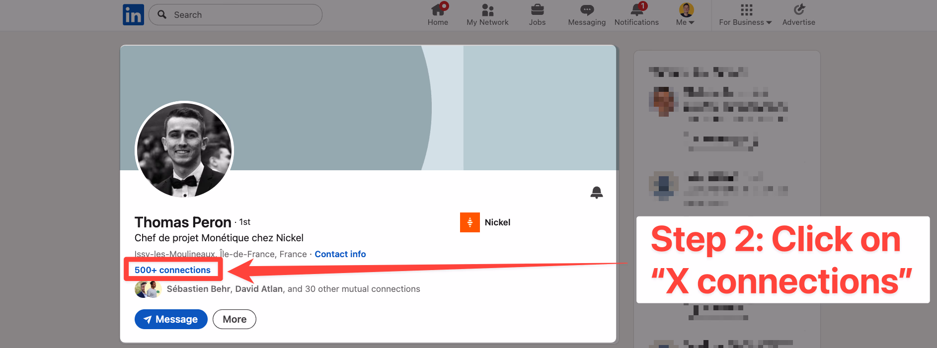 Click on 500+ connections to access the network of someone on LinkedIn