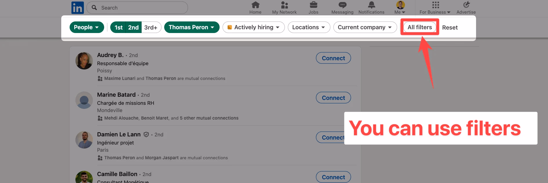 Search filters on LinkedIn