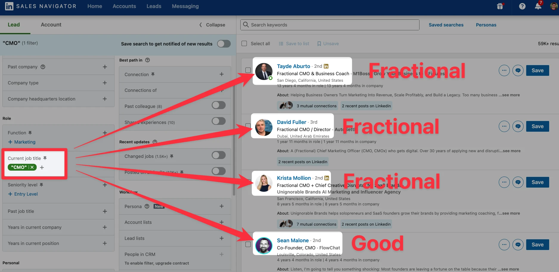 LinkedIn Sales Navigator boolean: NOT — fractional CMO problem