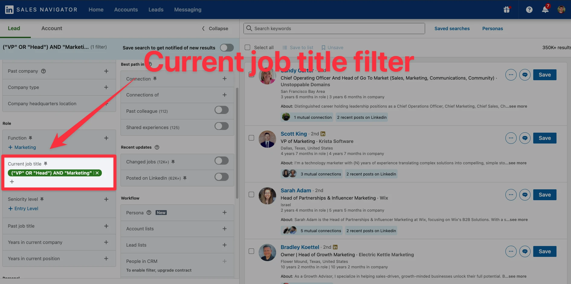 Boolean search in Current Job Title filter on LinkedIn Sales Navigator