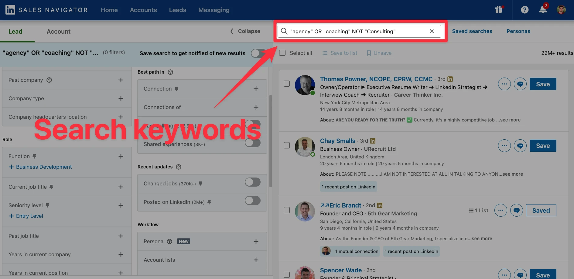 Boolean search in Search Keywords on LinkedIn Sales Navigator