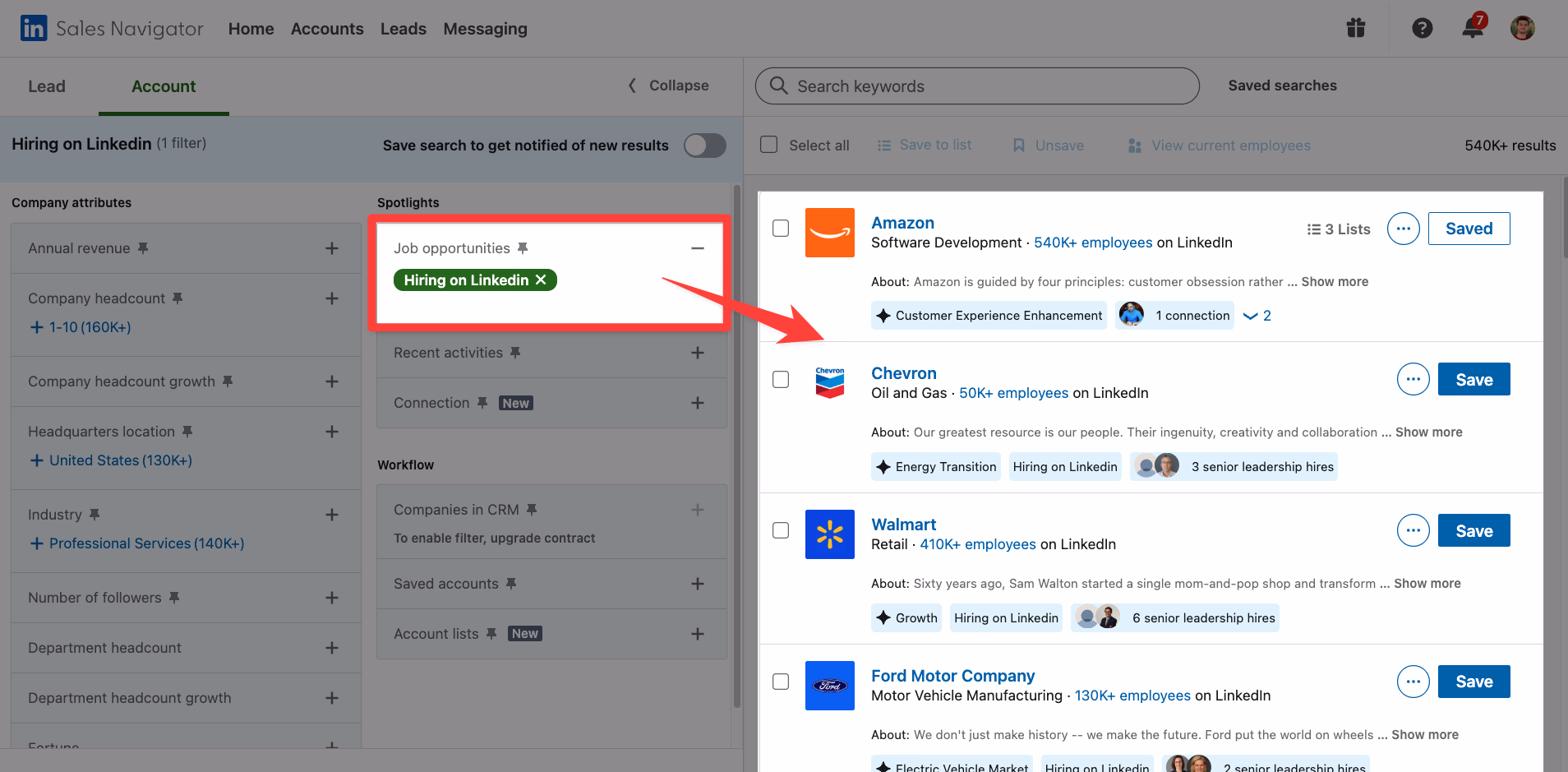 Hiring on LinkedIn filter on LinkedIn Sales Navigator