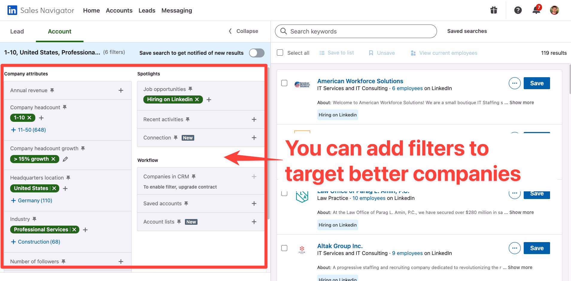 Add account filters to find better leads