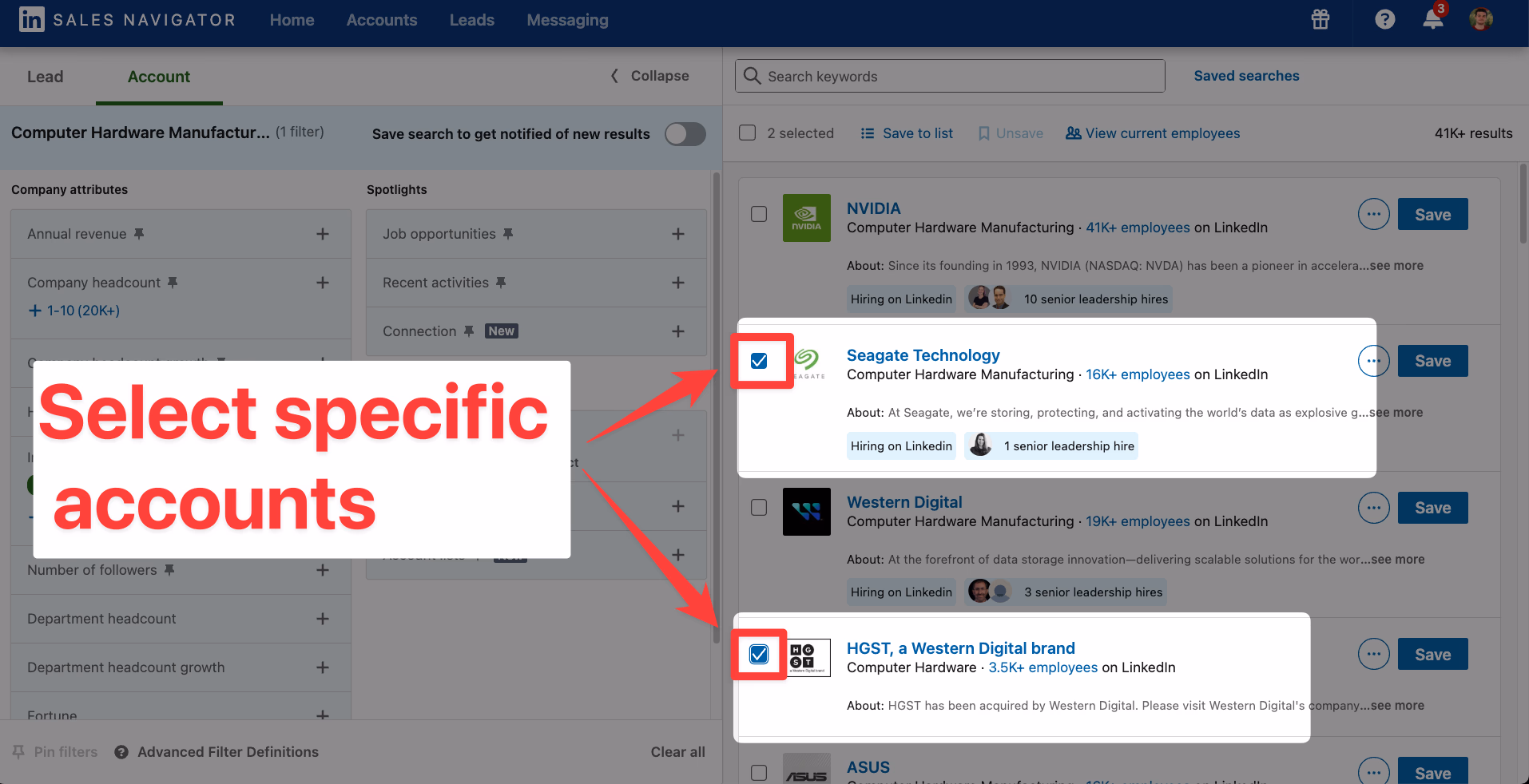 Select specific accounts on LinkedIn Sales Navigator